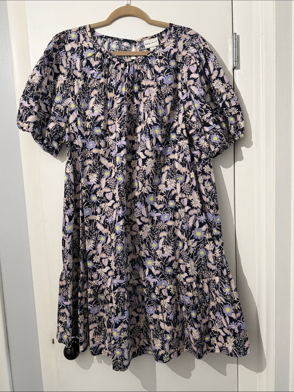 Ava & Viv Size X Floral Puff-Sleeve Kids Dress - Lavender/Navy Blue Floral